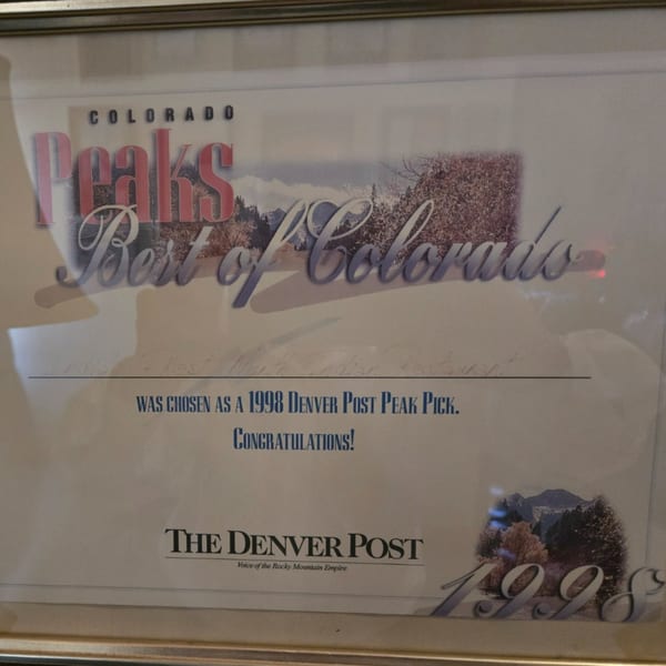 Framed "Best of Colorado" award from The Denver Post, recognizing INDIA'S Restaurant in 1998.