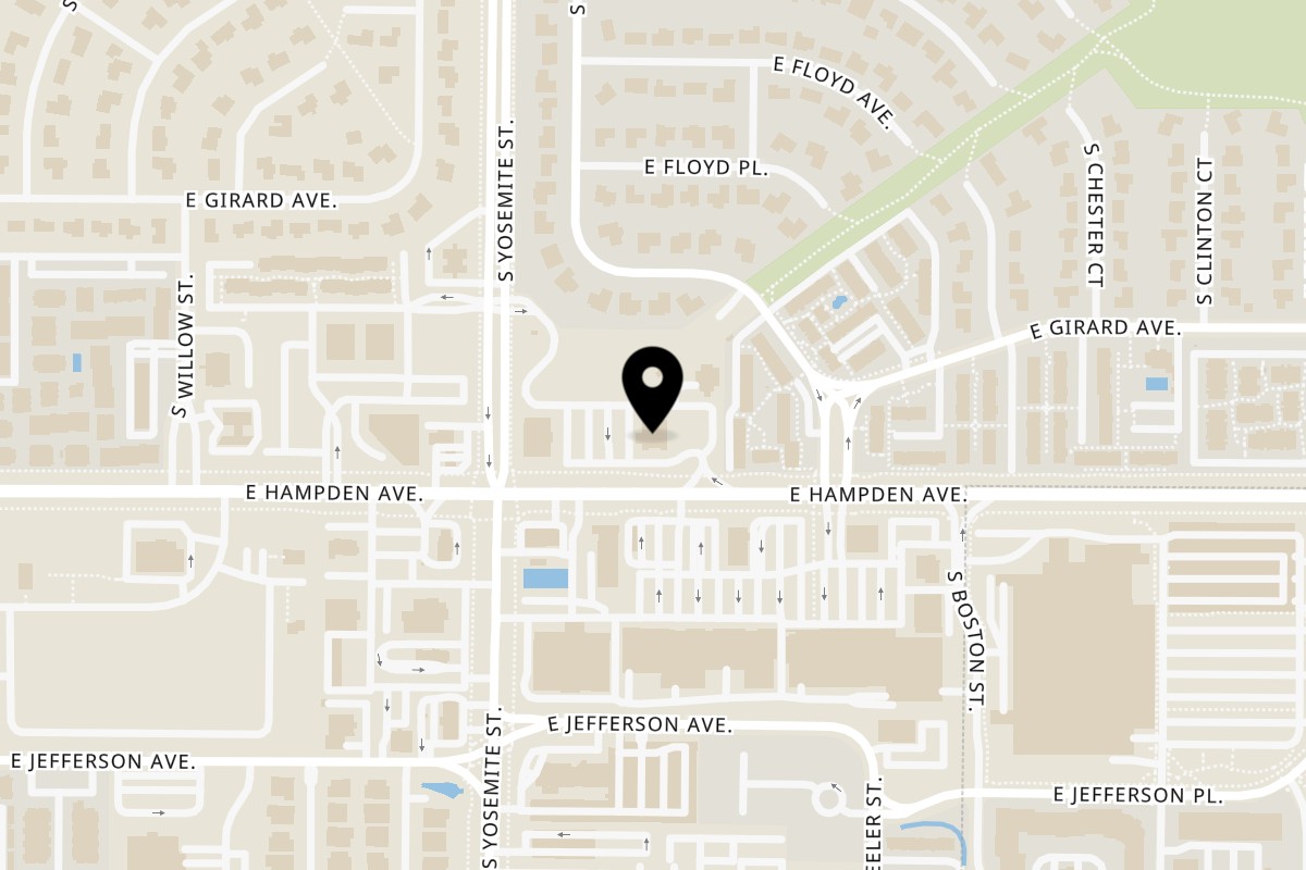 Map showing the location of INDIA'S Restaurant, Denver on 8921 E Hampden Ave in Denver